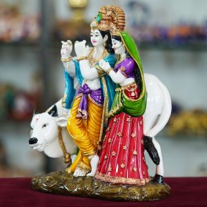 25cm Radha Krishna with Cow Resin Sculpture Marble Statue