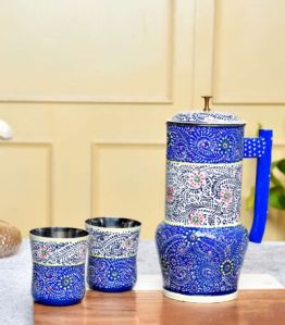 21cm Hand Painted Aluminium Jug Set with 2 Glasses
