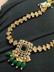 Ladies Emerald Studded Gold Toned Necklace Set