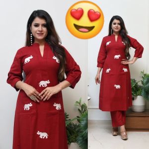 Ladies Elephant Embroidery Cotton Kurti With Pants Set