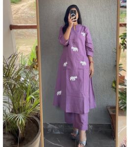 Ladies Elephant Embroidery Cotton Kurti With Pants Set