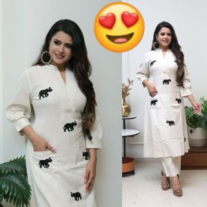Ladies Elephant Embroidery Cotton Kurti With Pants Set