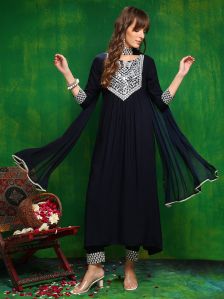 Ladies Rayon Real Mirror Work Ladies Casual Rayon Anarkali Suit With Pant &AMP; Dupatta Set