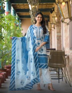 Ladies Cotton Jaipuri Kurti Pant and Dupatta Set