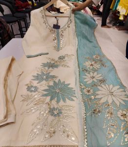 Ladies Cotton Heavy Gota Patti Handwork Kurta Pant and Dupatta Set