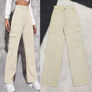 Ladies High Rise Beige Cargo Jeans