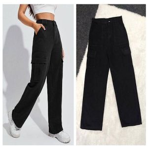 Ladies High Waist Black Cargo Jeans