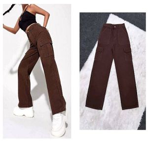 Ladies High Waist Brown Cargo Jeans