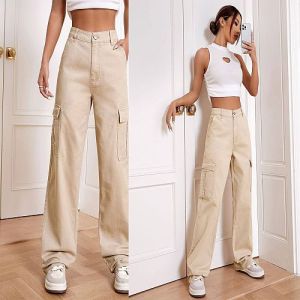 Ladies Plain High Rise Beige Cargo Jeans