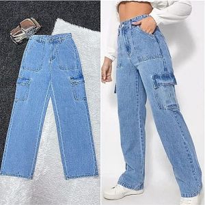 Ladies Plain Sky Blue Denim Cargo Jeans
