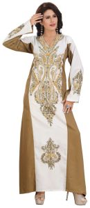 Women Elegant Golden Embroidered White Cotton Kaftan Gown