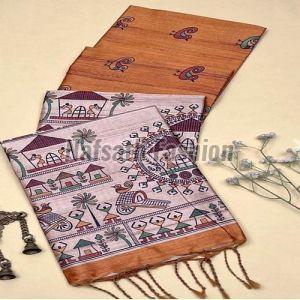 Madhubani Hand Painted Pure Tussar Silk Saree