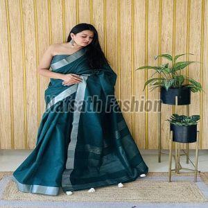 Multicolor Plain Linen Cotton Saree