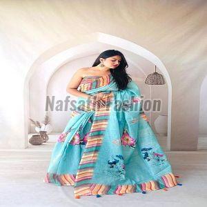Party Wear Printed Pure Linen Saree
