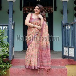 Multicolor Linen Digital Printed Saree