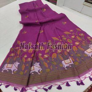 Ksr Handlooms Peach Muga Allover Cotton Printed Saree