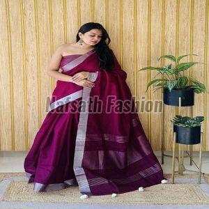 Multicolor Plain Linen Cotton Saree