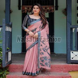 Multicolor Linen Digital Printed Saree