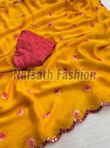 Ladies Yellow Leheriya Chiffon Printed Saree