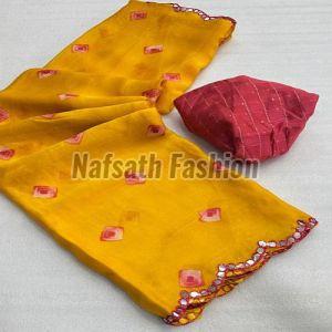 Ladies Yellow Leheriya Chiffon Printed Saree