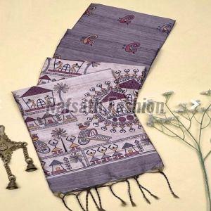 Madhubani Hand Painted Pure Tussar Silk Saree