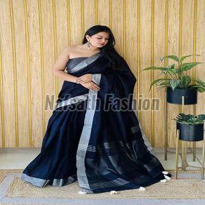 Multicolor Plain Linen Cotton Saree