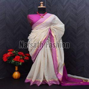 Off White Pink Cotton Handloom Saree