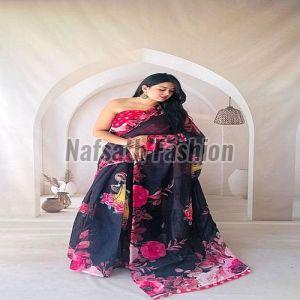 Party Wear Digital Printed Linen Saree