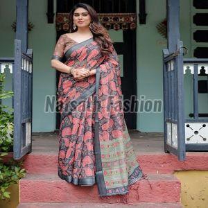 Pure Linen Kalamkari Printed Saree