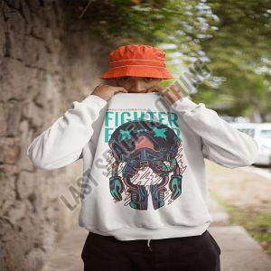 Mens White Premium Quality Fighter Printed Fleece Sweatshirt