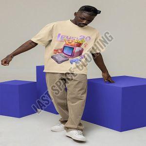 Mens Beige Premium Quality Super Gaming Print Oversized T-Shirt