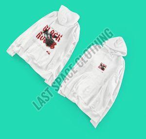 Mens White Premium Quality Black Rule Printed Fleece Hoodie