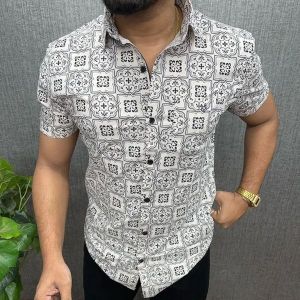 Mens Printed Cotton Half Sleeve Shirt