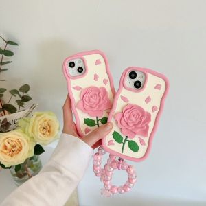 Pink Rose Silicone Soft iPhone 15 Case Cover With Bracelet