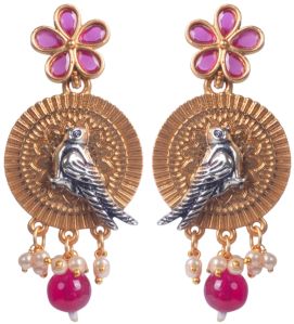 Antique Gold Plated Bird & Flower Drop Earrings with Pink Stones
