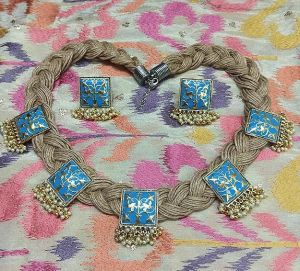 NIPSTec Gold Plated Brown Color Meenakari Pearl Ghunghru Square Jute Necklace