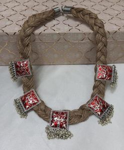NIPSTec Handcrafted Braided Jute Necklace with Red Meenakari Square Accent for Women