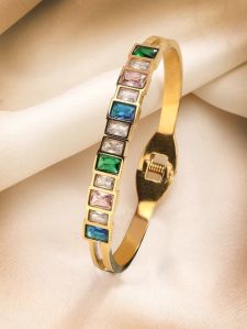 Gold-Plated Multicolor Cubic Zirconia Studded Bangle-Style Bracelet for Women