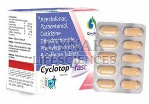 Cyclotop Fast Aceclofenac Paracetamol Cetirizine Phenylephrine Caffeine Tablets