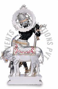 Silver Plated Resin Flute Playing Krishna Statue