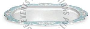 Oval Shape Silver Plated Enamel Floral Tray