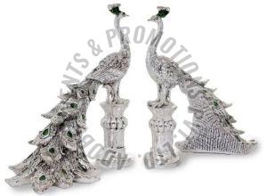 Silver Plated Resin Peacock Pair Statue