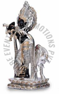 Silver Plated Resin Flute Playing Krishna Statue