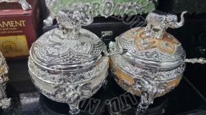 Silver Plated Enamel Elephant Sugar Pot