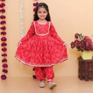 Girls Cherry Red Bandhej Suits