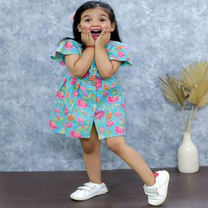 Girls Cotton Blue Printed Shirt Frocks
