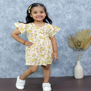 Girls Cotton White Yellow Shirt Frocks