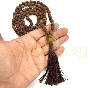 108 Natural Tulsi Small Tumble Carved Beautiful Rough Beads Knotted Japa Mala Tulsi Wood