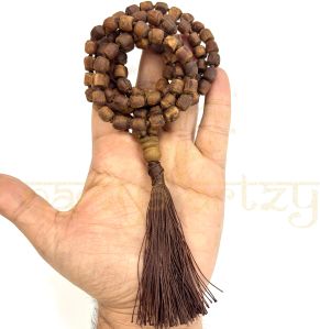 108 Natural Tulsi Small Tumble Carved Beautiful Rough Beads Knotted Japa Mala Tulsi Wood