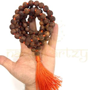 Handmade, Natural 10mm Round Shape Radha Imprints Tulsi 108 Beads Hand-Knotted Mala/necklace